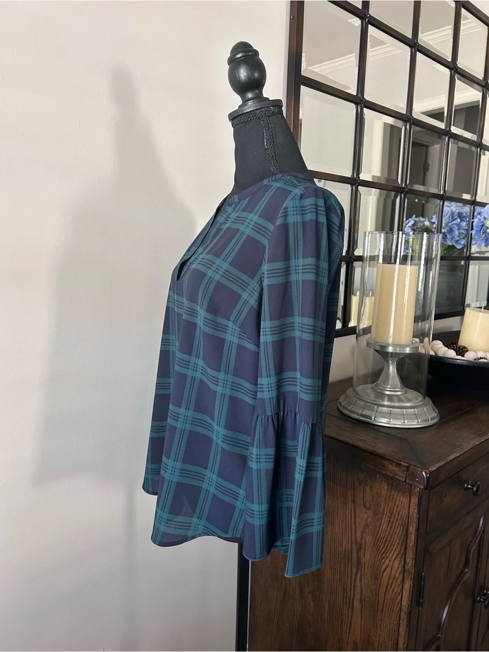 J.Crew green and navy tartan plaid V-neck blouse